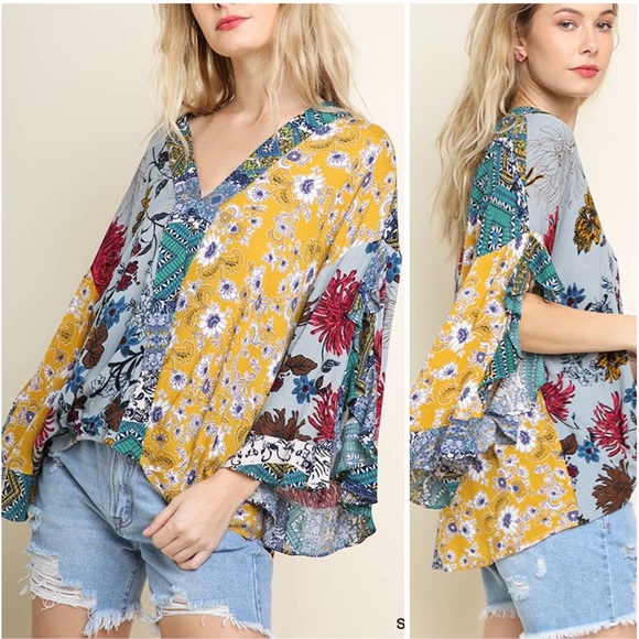 Umgee Tops - Umgee Boho Floral Patchwork Split Ruffle Bell Sleeve Blouse